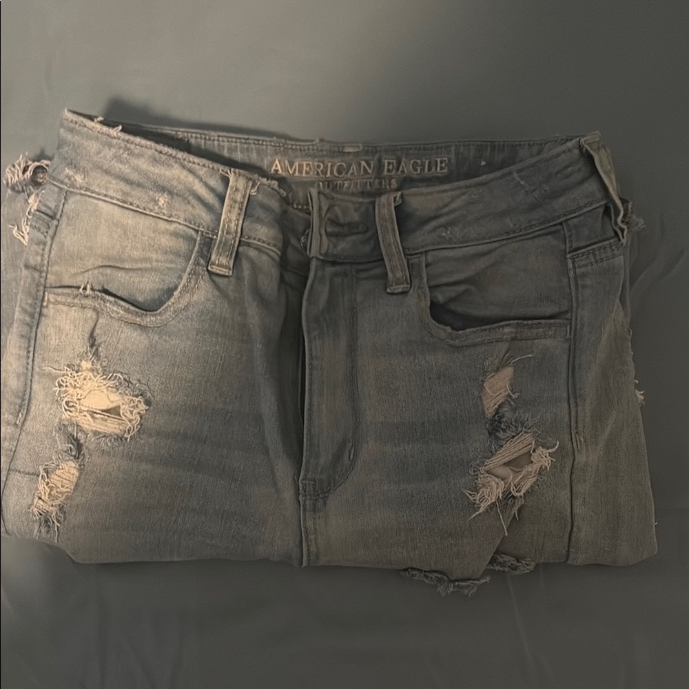 American Eagle Outfitters Gray Skinny Jeans with Distressed Details